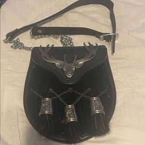 Black Leather Scottish Sporran with Deer Accent and Tassels
